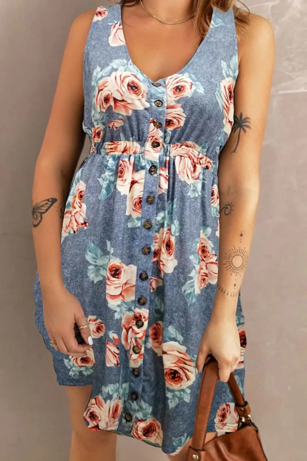 Printed Scoop Neck Sleeveless Buttoned Magic Dress with Pockets, image 19