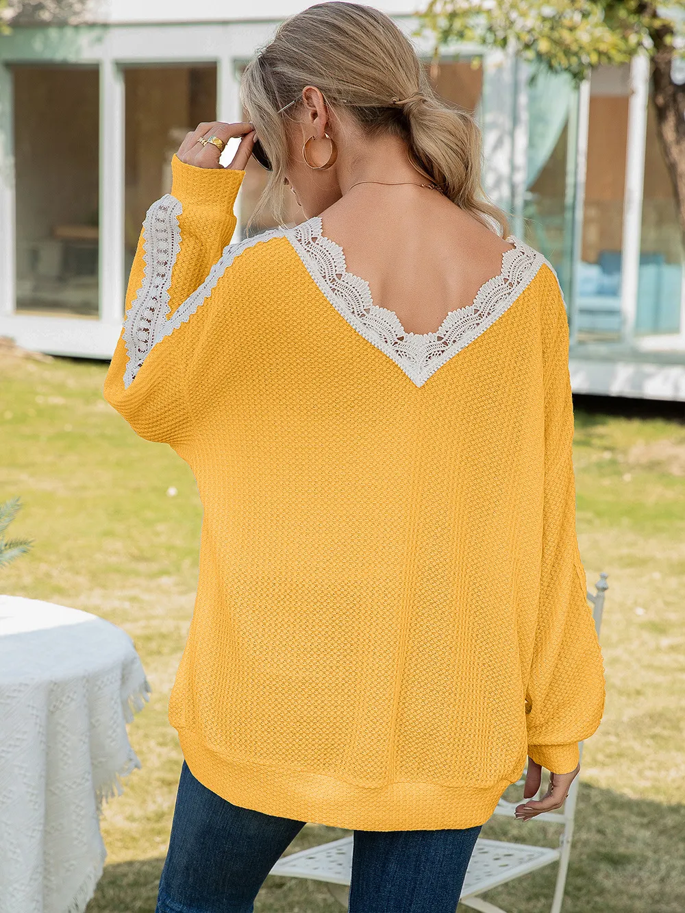 Contrast Spliced Lace V-Neck Top, image 12