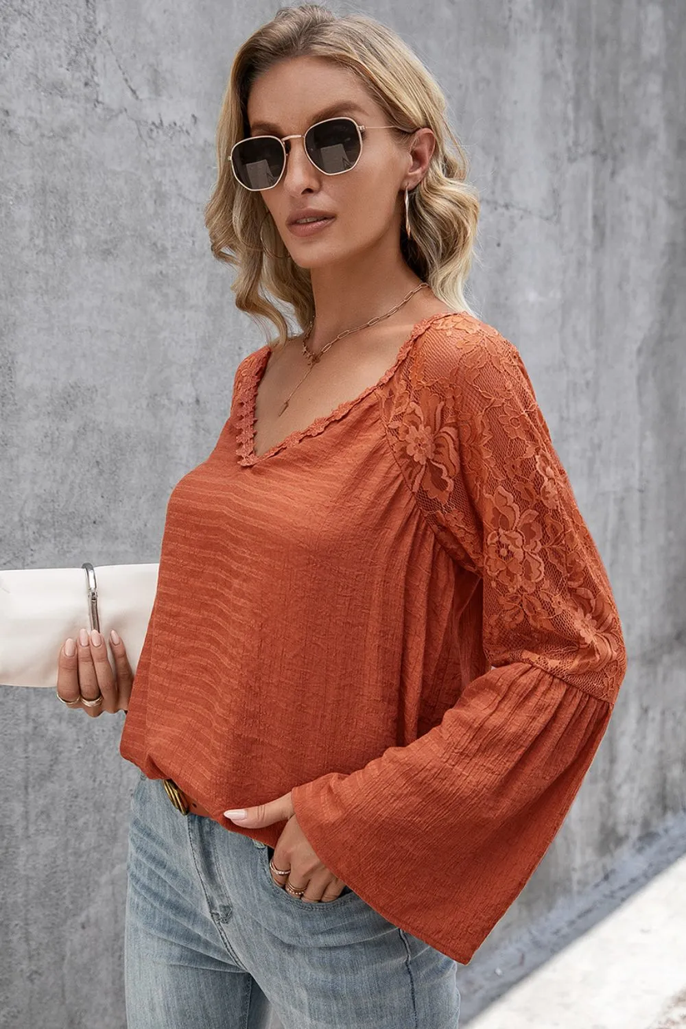 V-Neck Spliced Lace Flare Sleeve Top, image 10