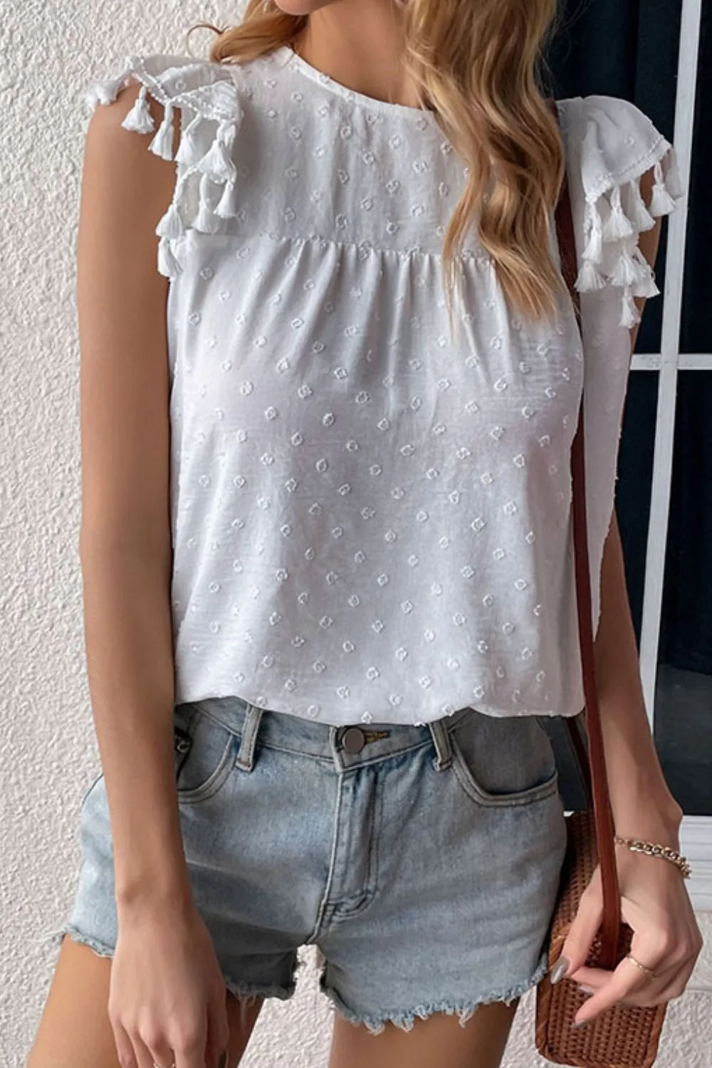 Swiss Dot Tassel Detail Round Neck Blouse, image 3