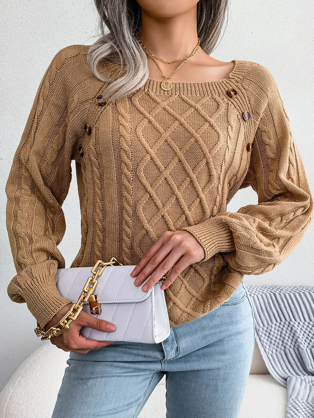 Decorative Button Cable-Knit Sweater, image 4