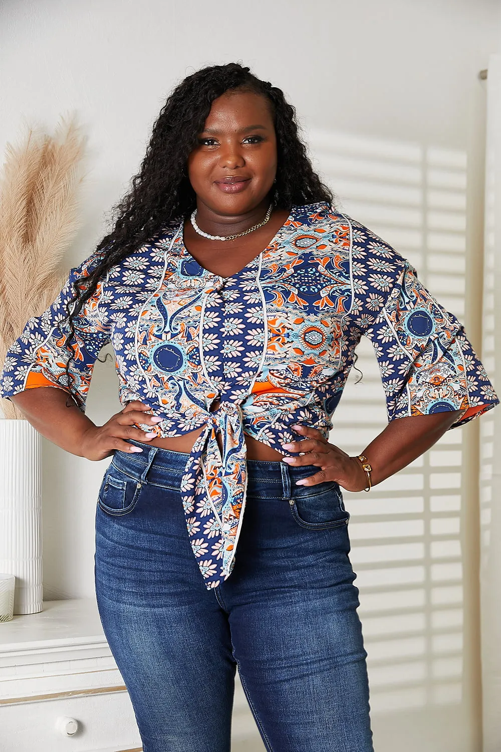Tie Hem V-Neck Three-Quarter Sleeve Blouse, image 11