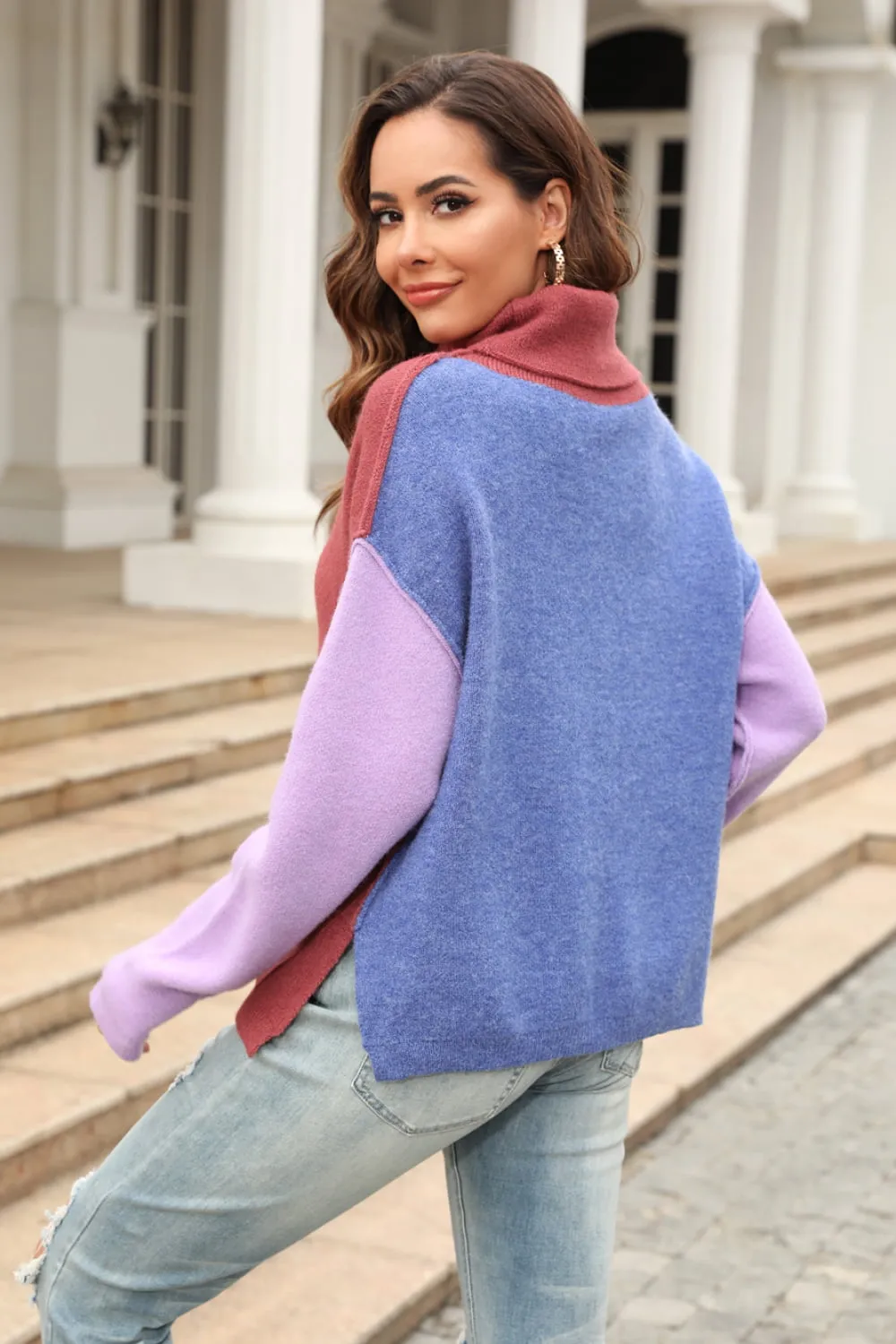 Color Block Turtleneck Slit Sweater, image 15