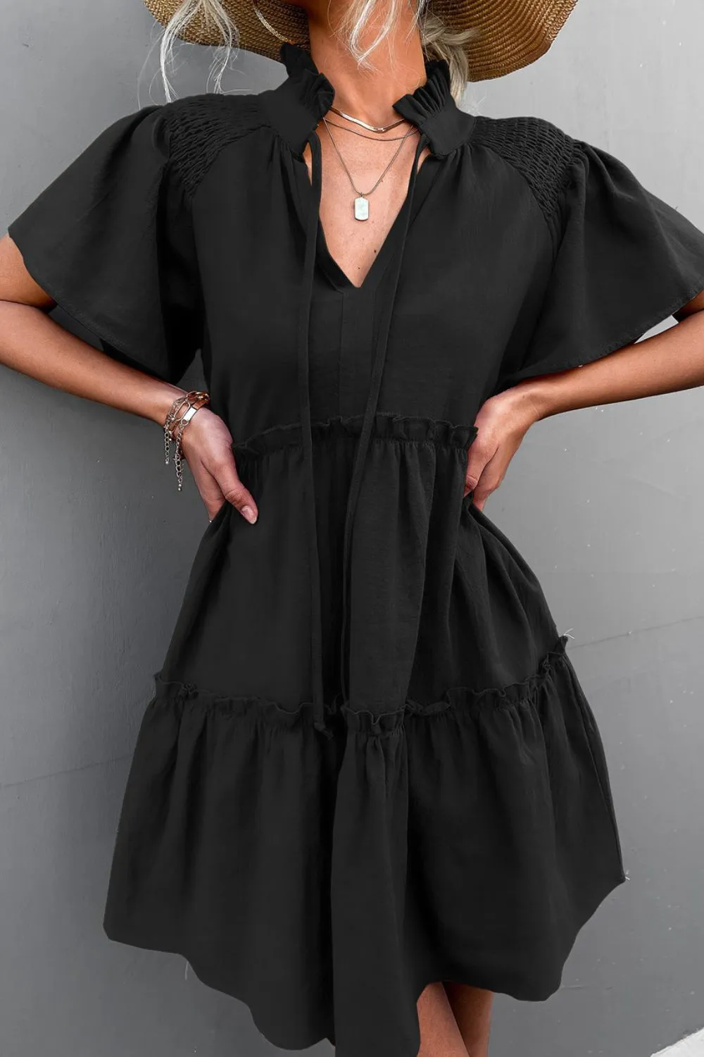 Frill Trim Smocked Tie Neck Dress, image 3