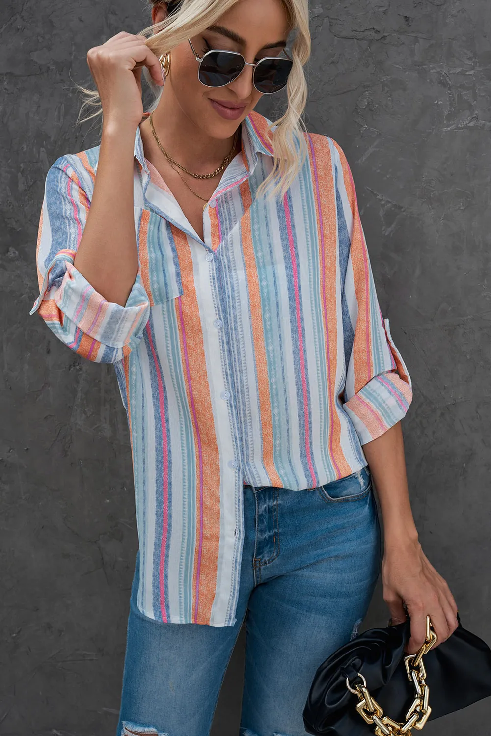 Striped Button-Up Curved Hem Shirt with Breast Pocket, image 8