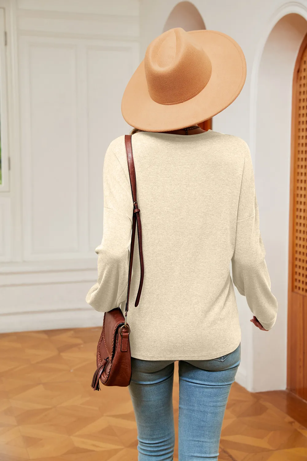 Contrast V-Neck Long Sleeve Blouse, image 12