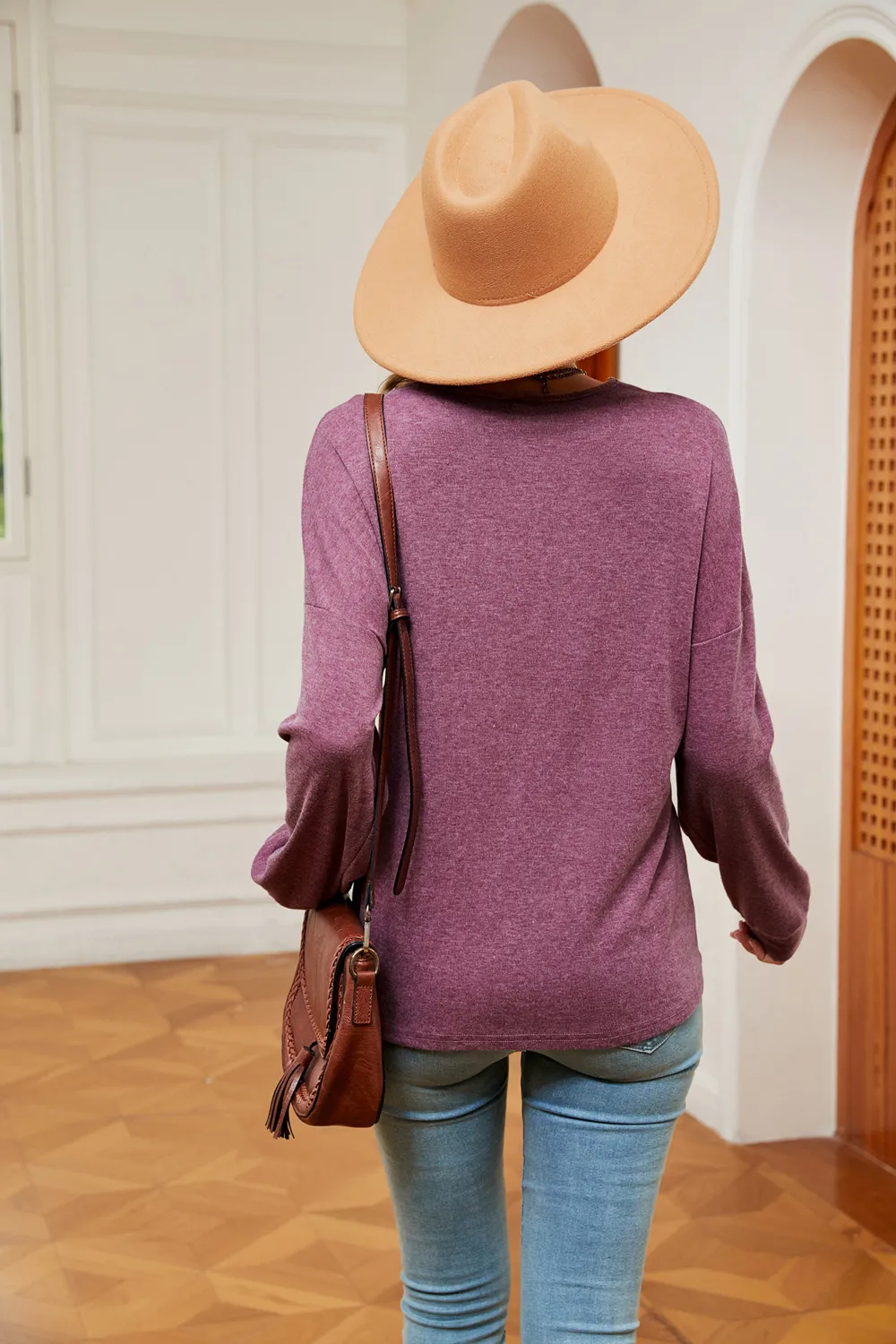 Contrast V-Neck Long Sleeve Blouse, image 3