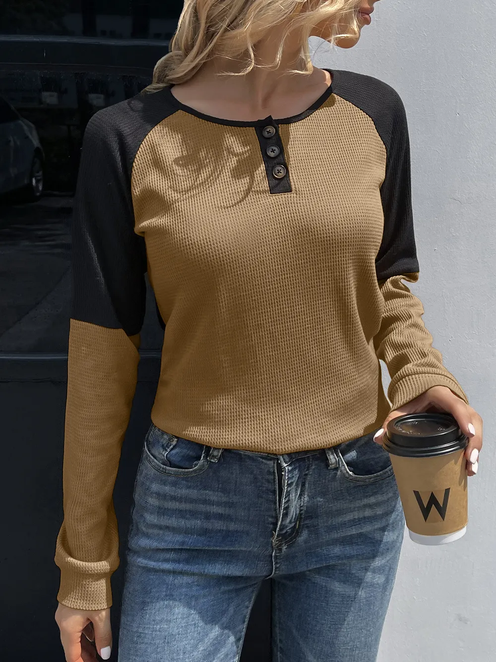 Contrast Buttoned Round Neck Raglan Sleeve Top, image 3