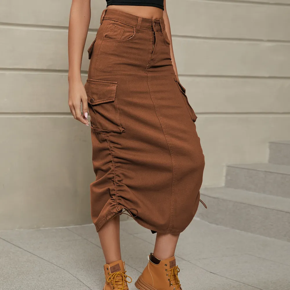 Drawstring Ruched Slit Denim Midi Skirt, image 17