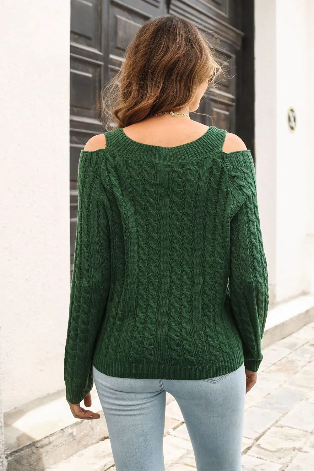 Cold Shoulder V-Neck Cable-Knit Pullover Sweater, image 3