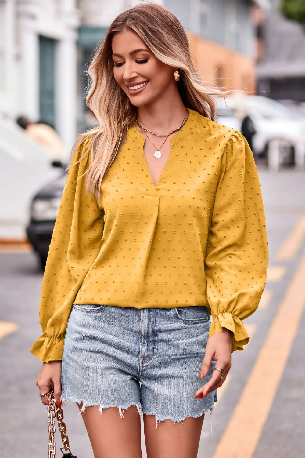 Swiss Dot Notched Neck Flounce Sleeve Blouse, image 14