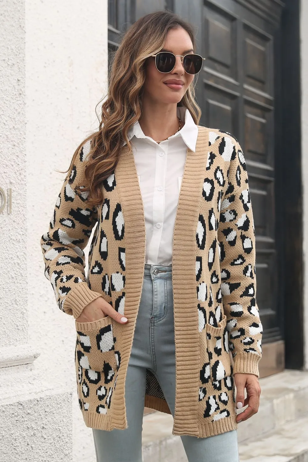 Leopard Open Front Cardigan with Pockets, image 3