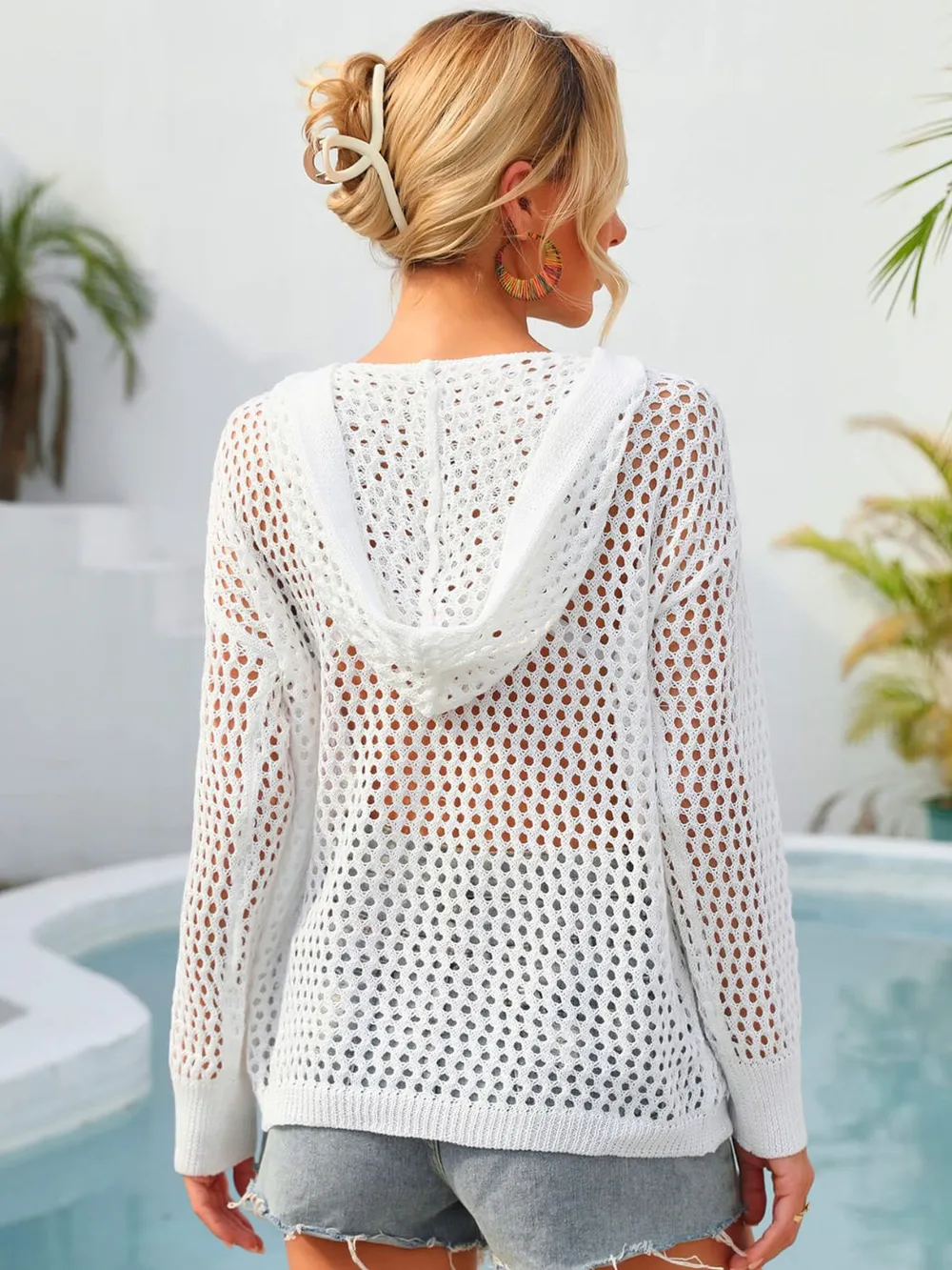 Flower Graphic Lace-Up Openwork Hooded Cover Up, image 2