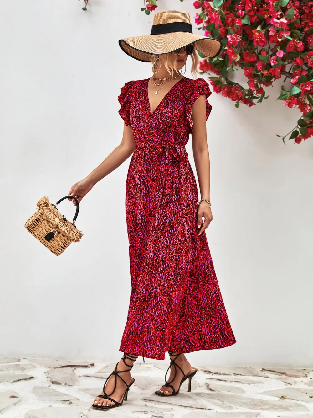 Printed Surplice Neck Flutter Sleeve Slit Dress, image 10