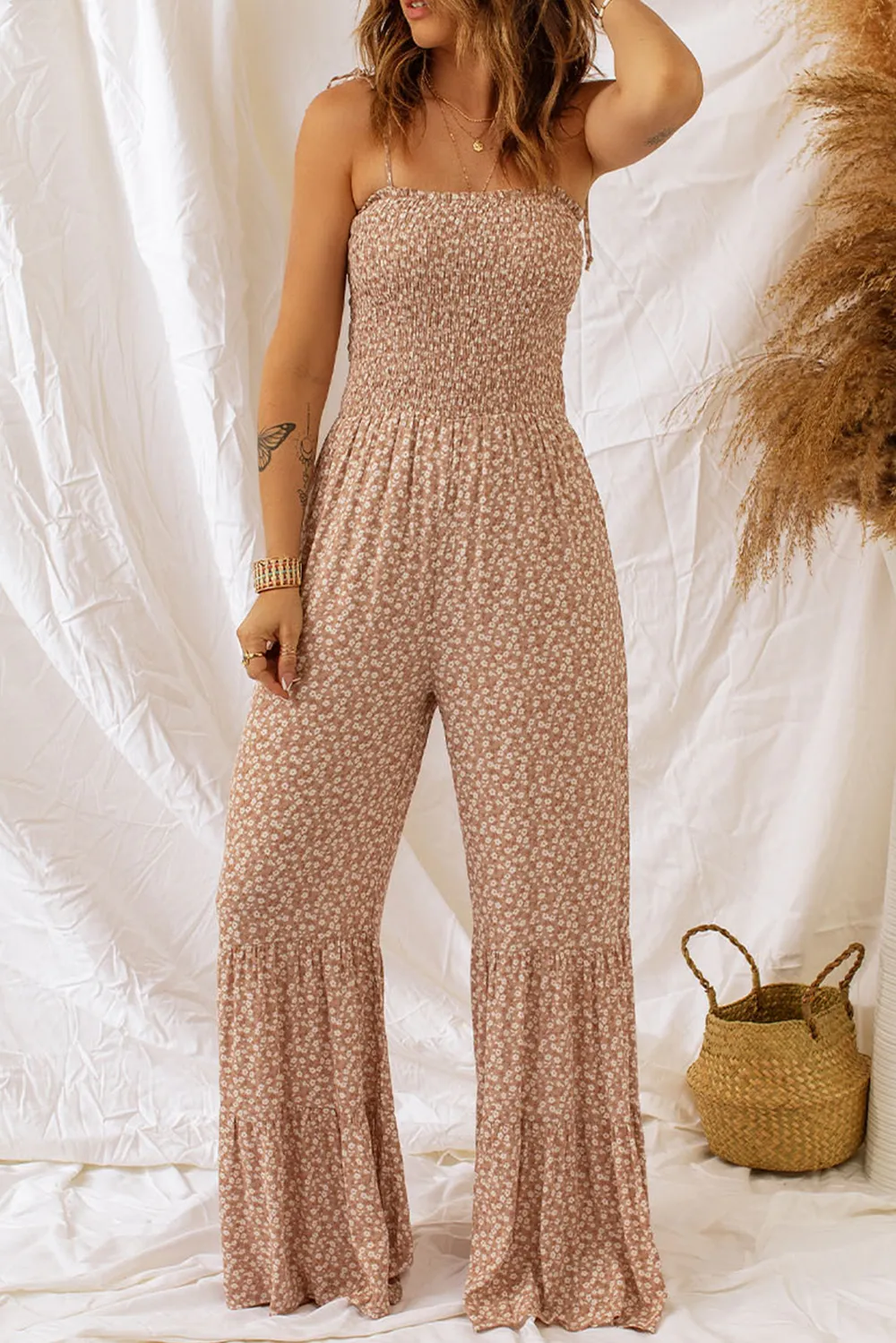 Floral Spaghetti Strap Smocked Wide Leg Jumpsuit, image 4