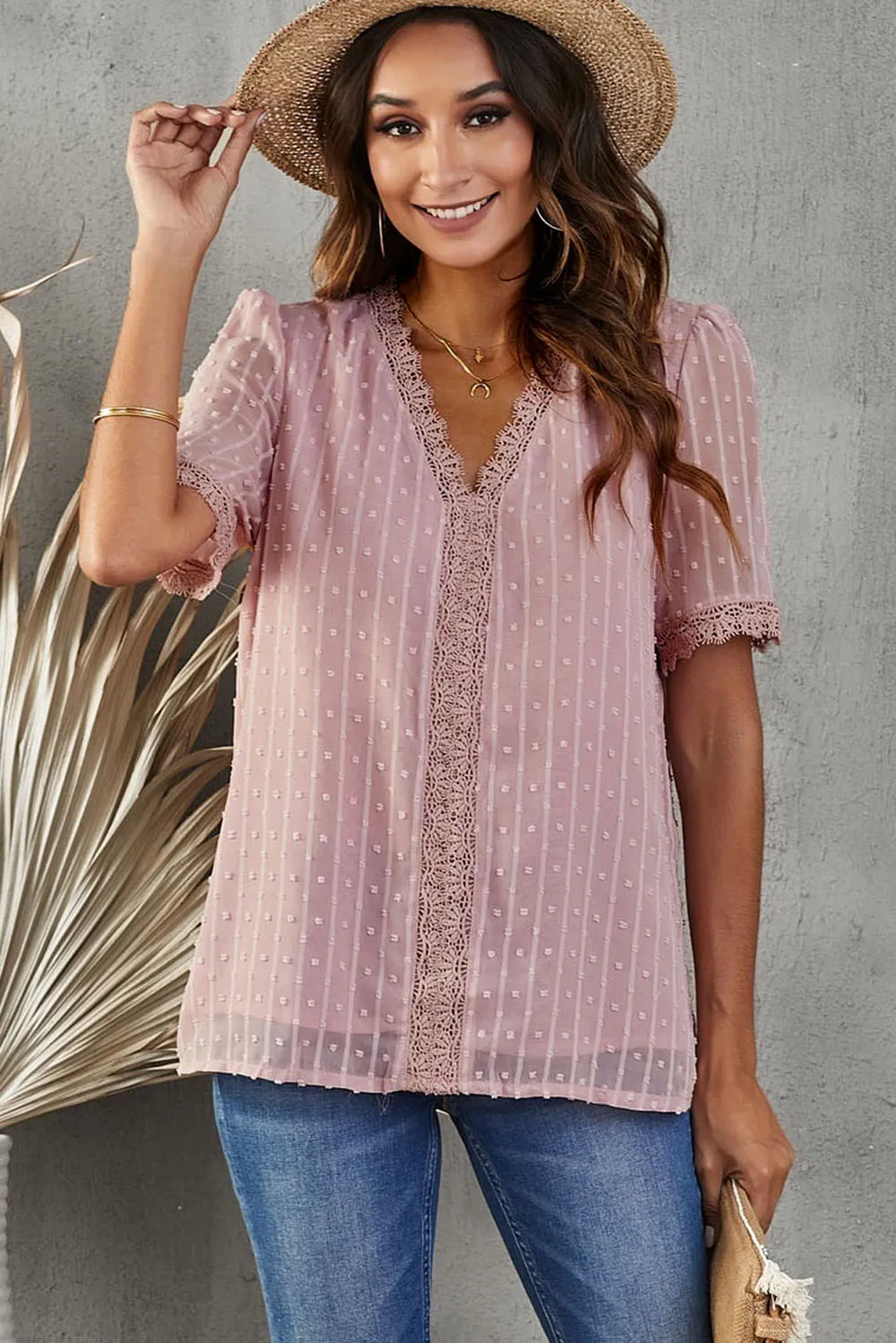 Swiss Dot Lace Trim Plunge Blouse, image 13
