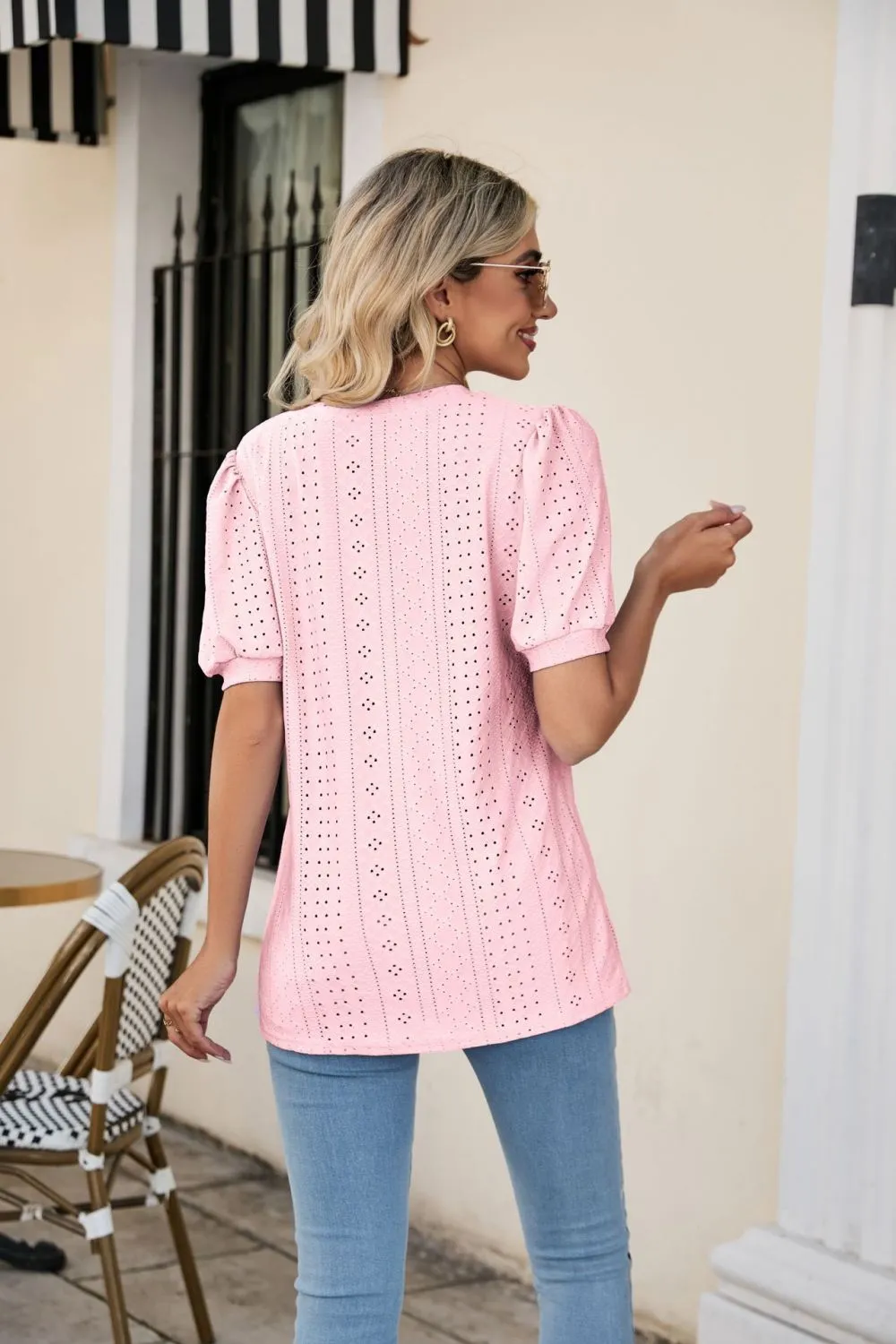 Eyelet Puff Sleeve V-Neck Top, image 18