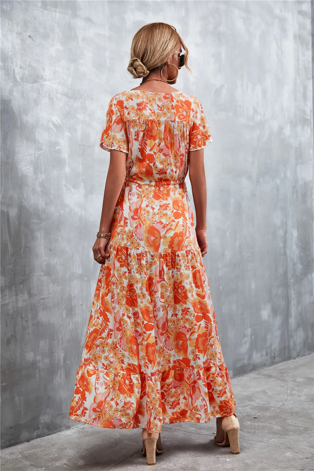 Floral Buttoned Drawstring Waist Tiered Dress, image 13