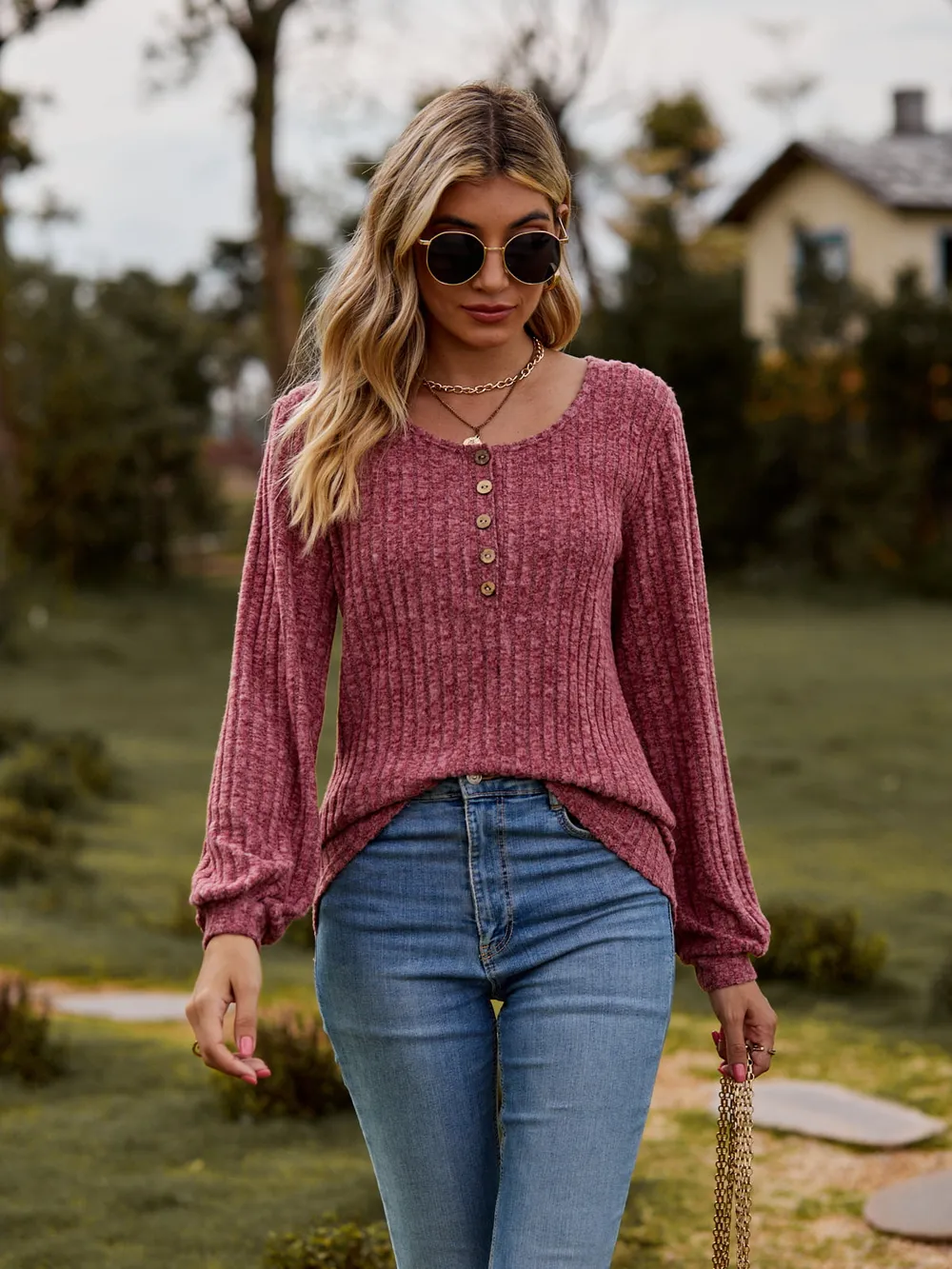 Round Neck Button-Down Long Sleeve Tee, image 14