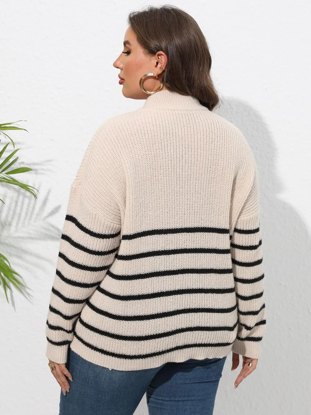 Plus Size Zip-Up Striped Sweater, image 9