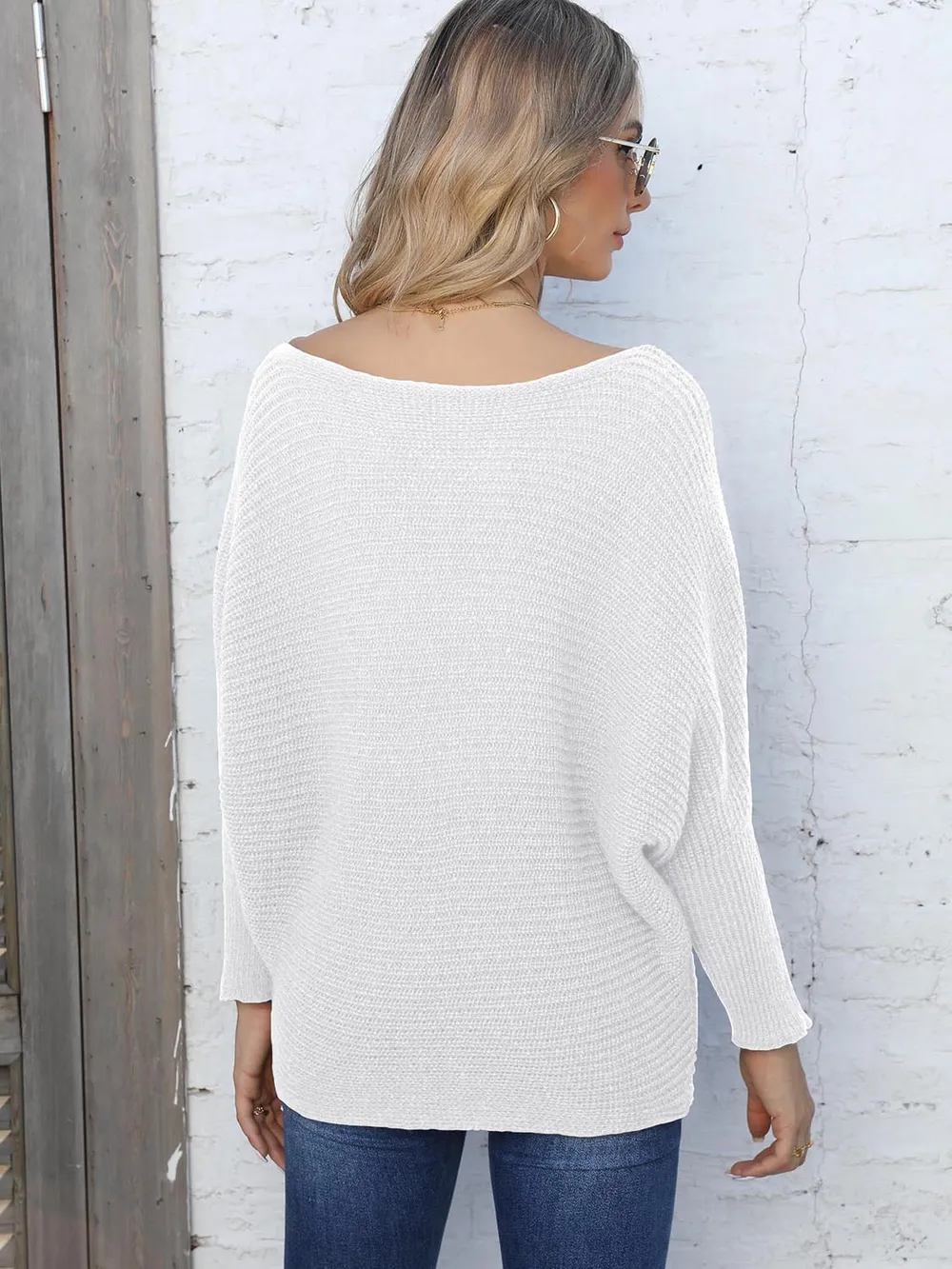 Full Size Horizontal Ribbing Dolman Sleeve Sweater, image 9