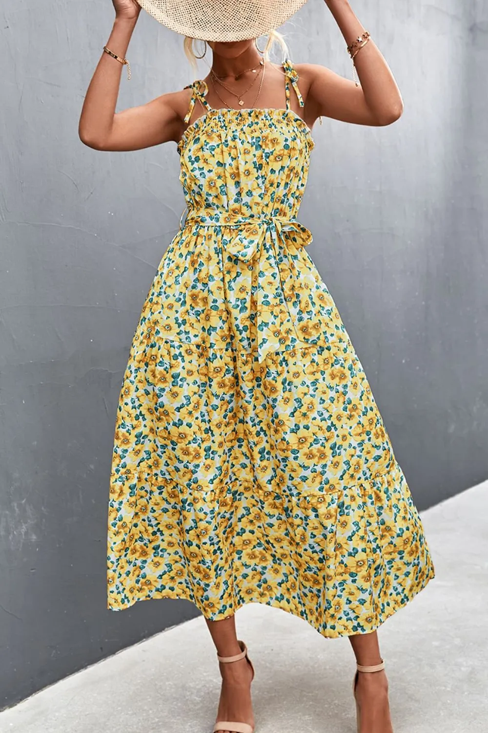 Floral Tie-Shoulder Belted Dress, image 4