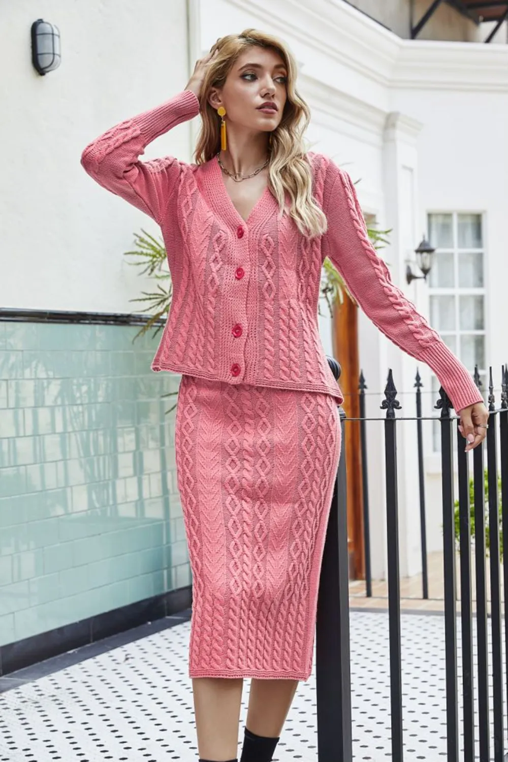 Mixed Knit V-Neck Cardigan and Knit Skirt Set, image 2