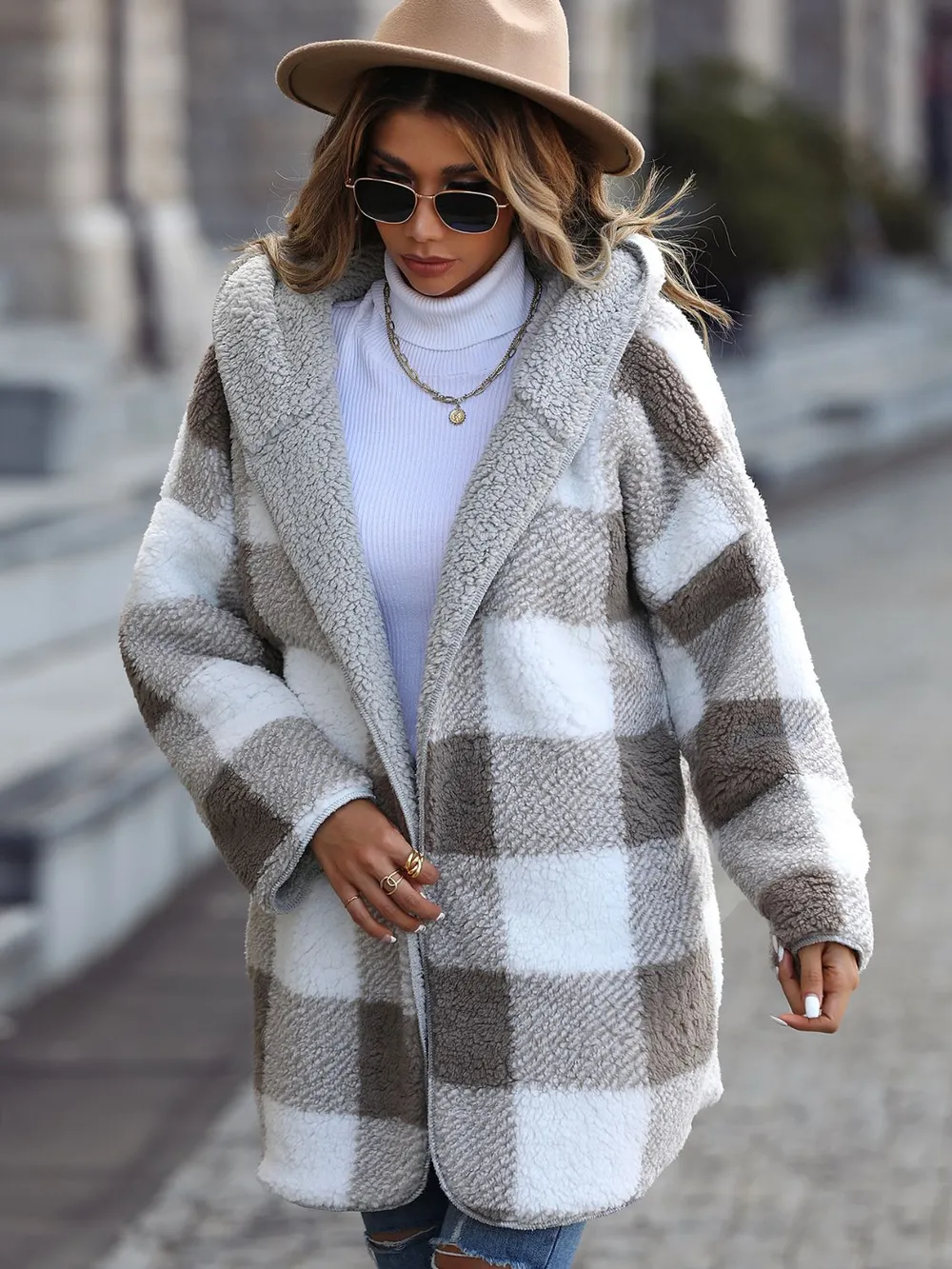 Plaid Open Front Hooded Coat, image 3