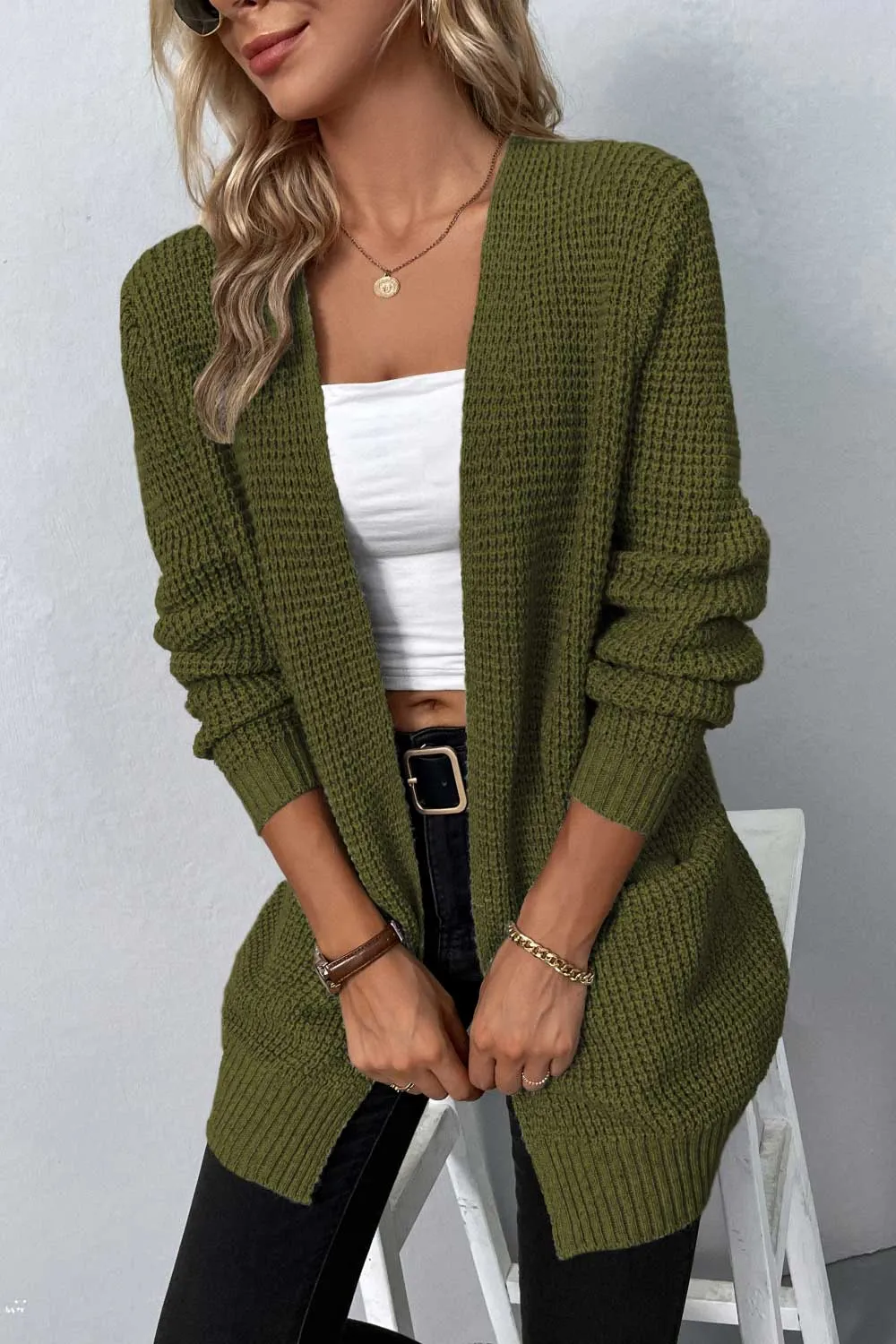 Rib-Knit Open Front Pocketed Cardigan, image 16