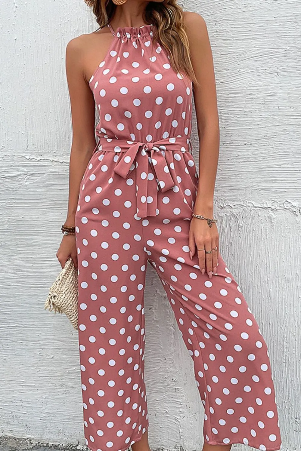Polka Dot Grecian Wide Leg Jumpsuit, image 4