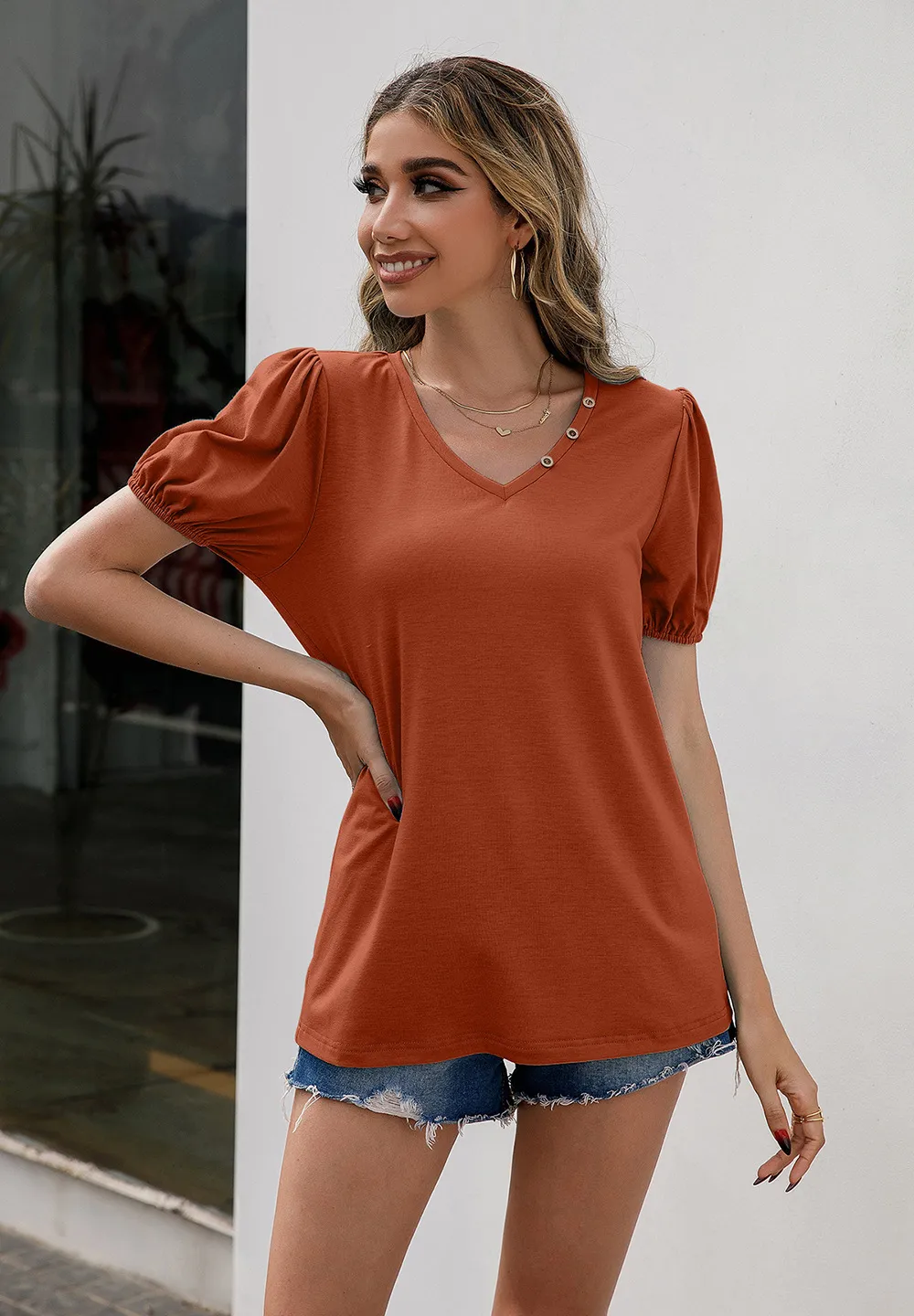 V-Neck Decorative Buttons Puff Sleeve Tee, image 4