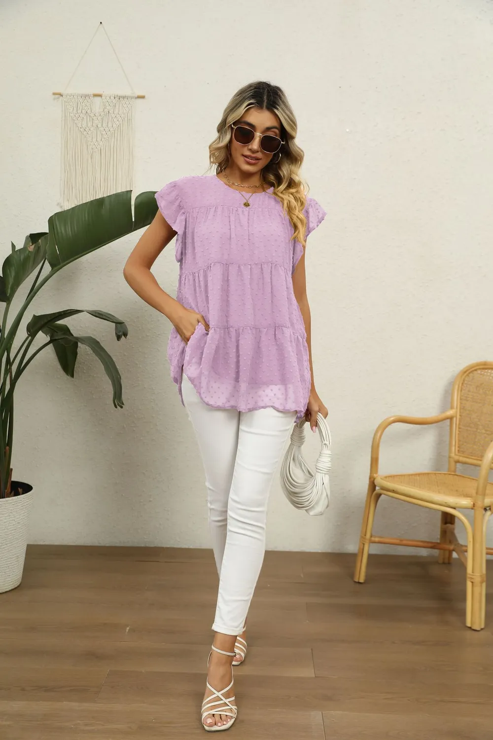 Swiss Dot Round Neck Tiered Blouse, image 4