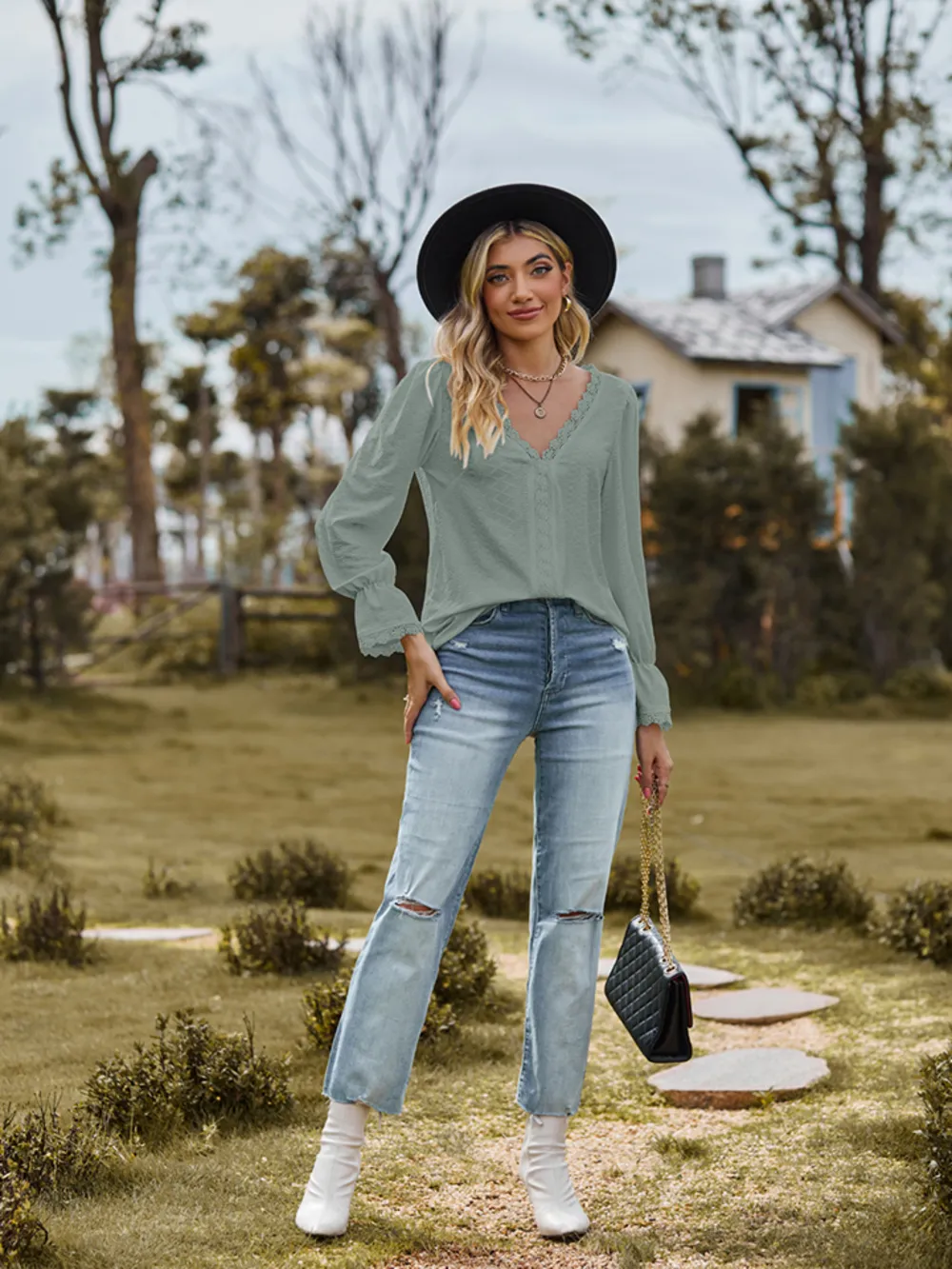 V-Neck Flounce Sleeve Blouse, image 18