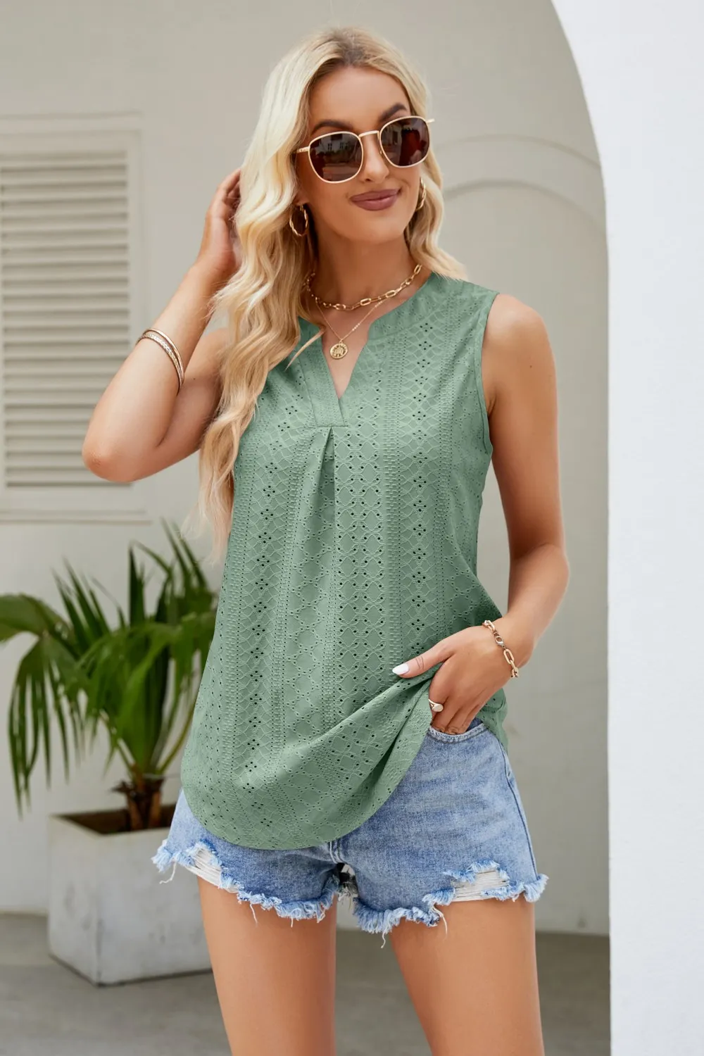 Notched Neck Curved Hem Eyelet Tank, image 11
