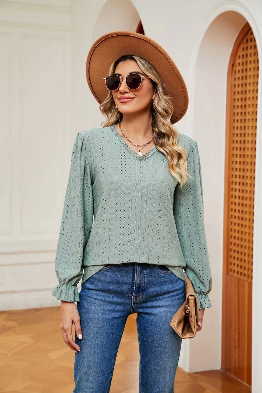 V-Neck Flounce Sleeve Blouse, image 2