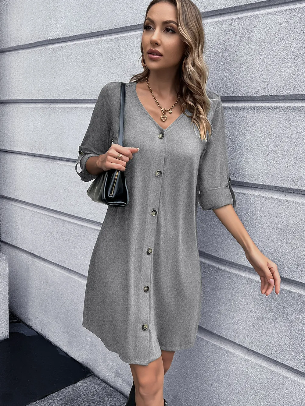 Button Down V-Neck Mini Dress, image 8