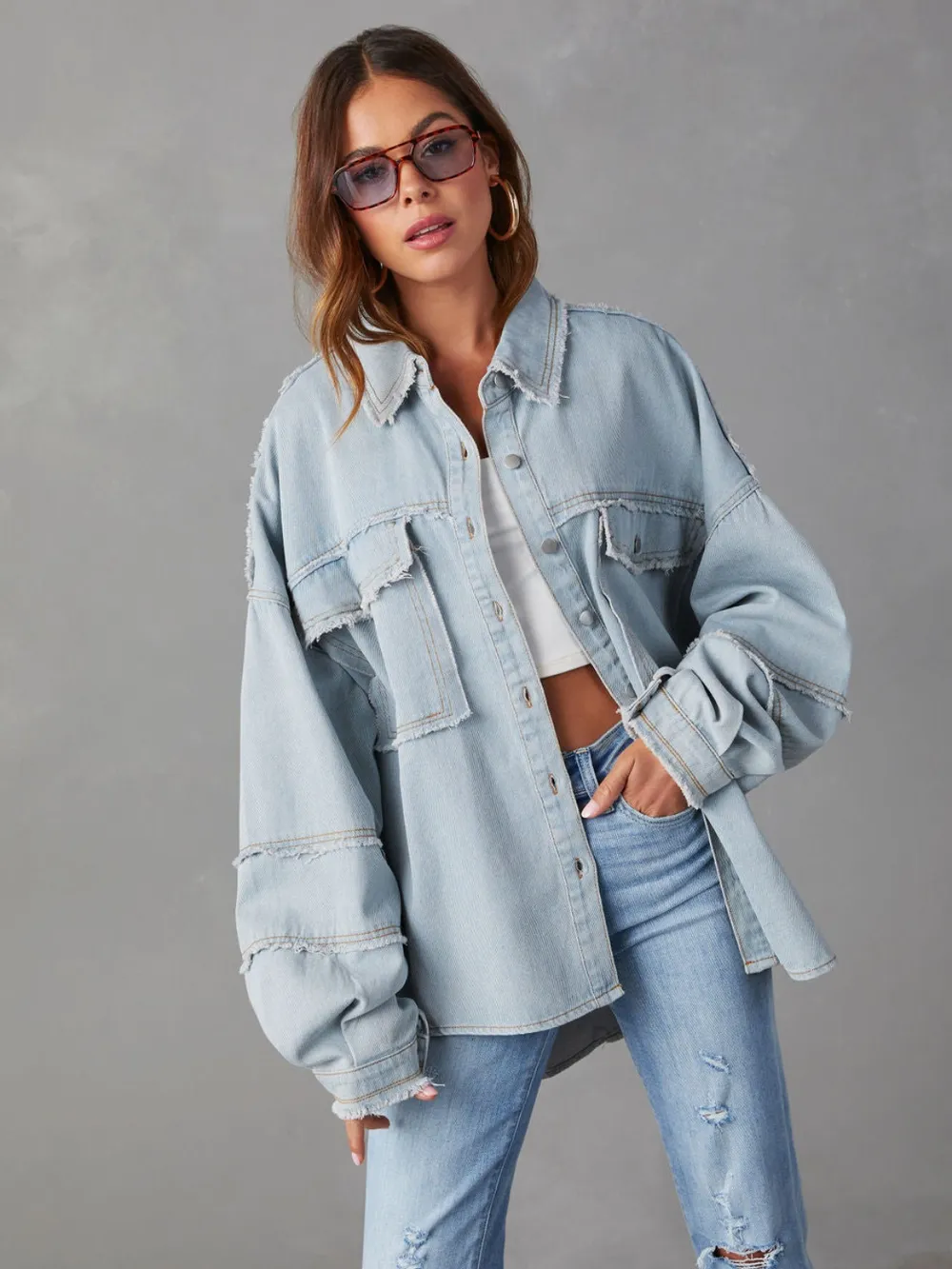 Dropped Shoulder Raw Hem Jacket, image 8