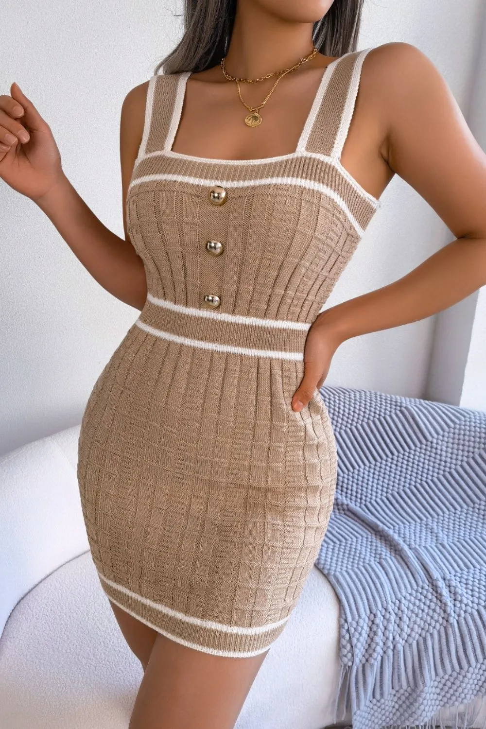 Contrast Trim Decorative Button Sleeveless Knit Dress, image 7