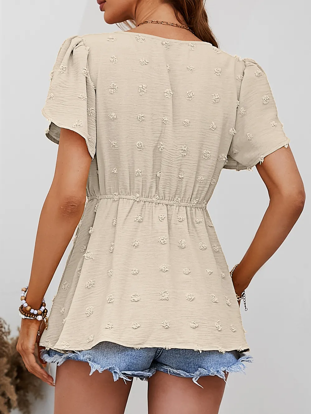 Swiss Dot Buttoned Petal Sleeve Peplum Blouse, image 12