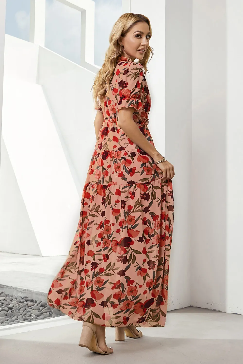 Floral V-Neck Short Flounce Sleeve Dress, image 6