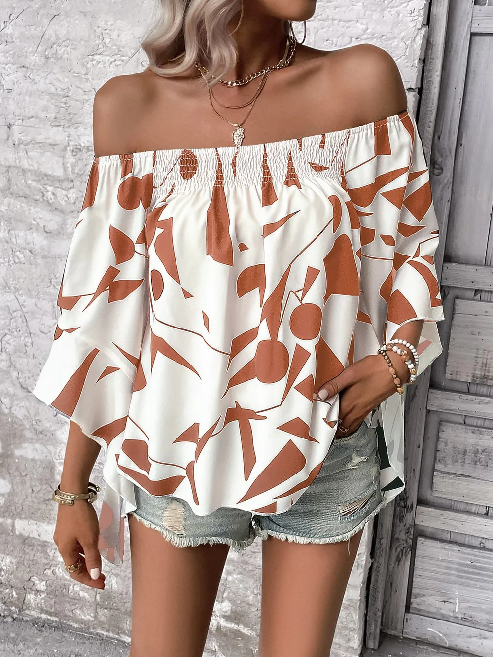 Printed Off-Shoulder Bell Sleeve Blouse, image 8