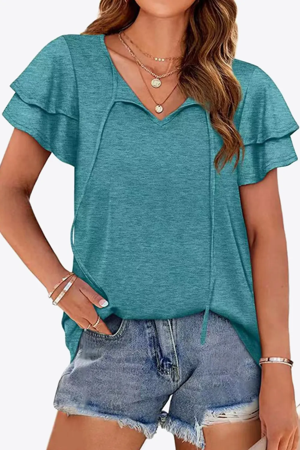 Tie-Neck Layered Flutter Sleeve Blouse, image 16