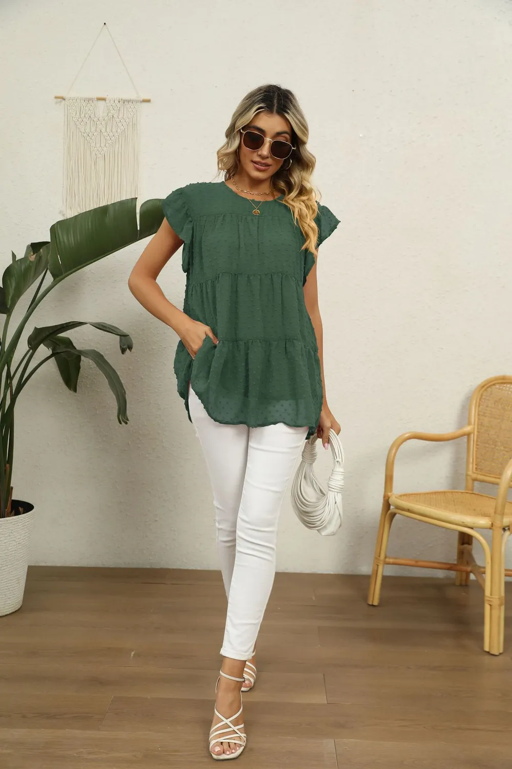 Swiss Dot Round Neck Tiered Blouse, image 23