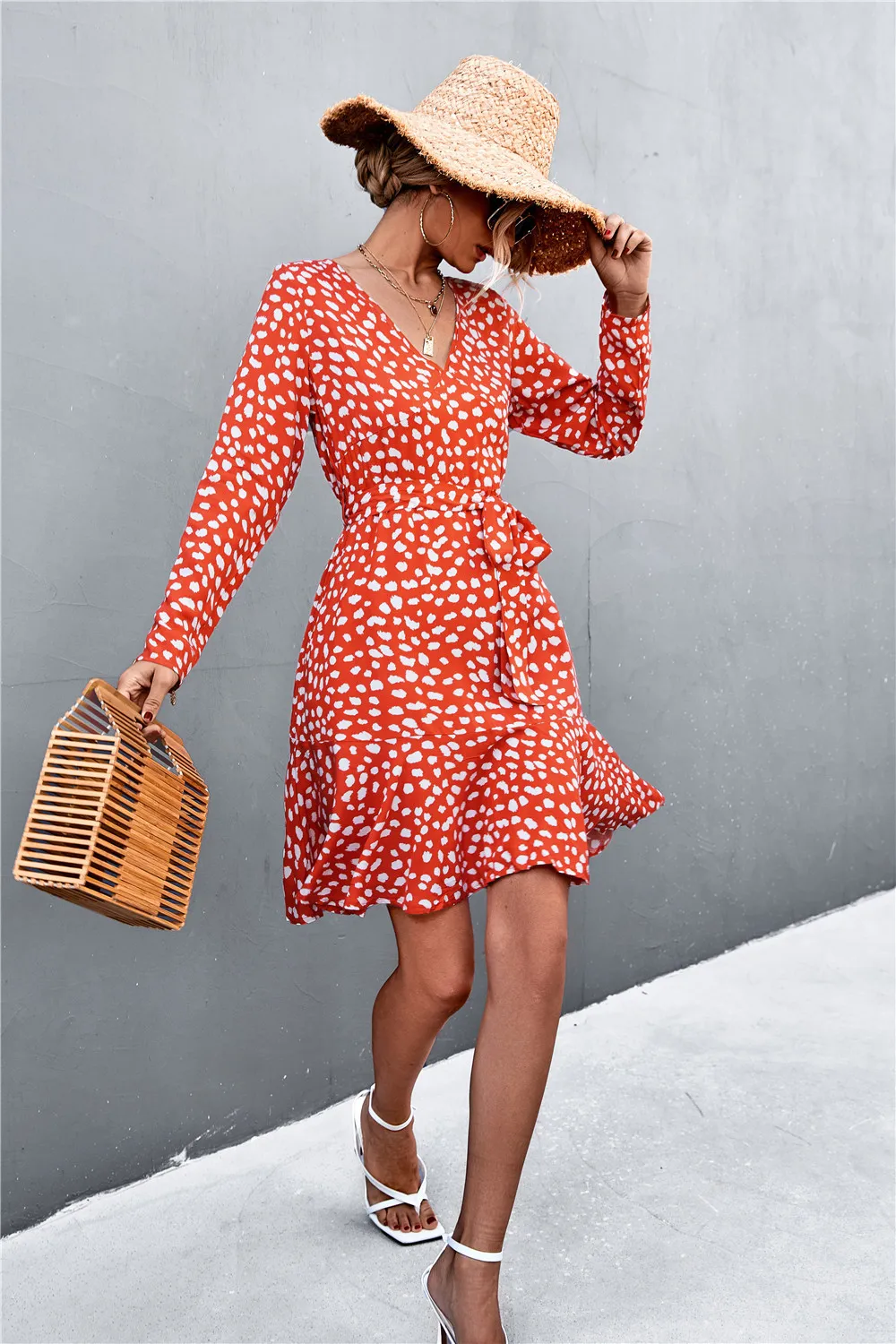 Printed V-Neck Tie Belt Ruffle Hem Mini Dress, image 6