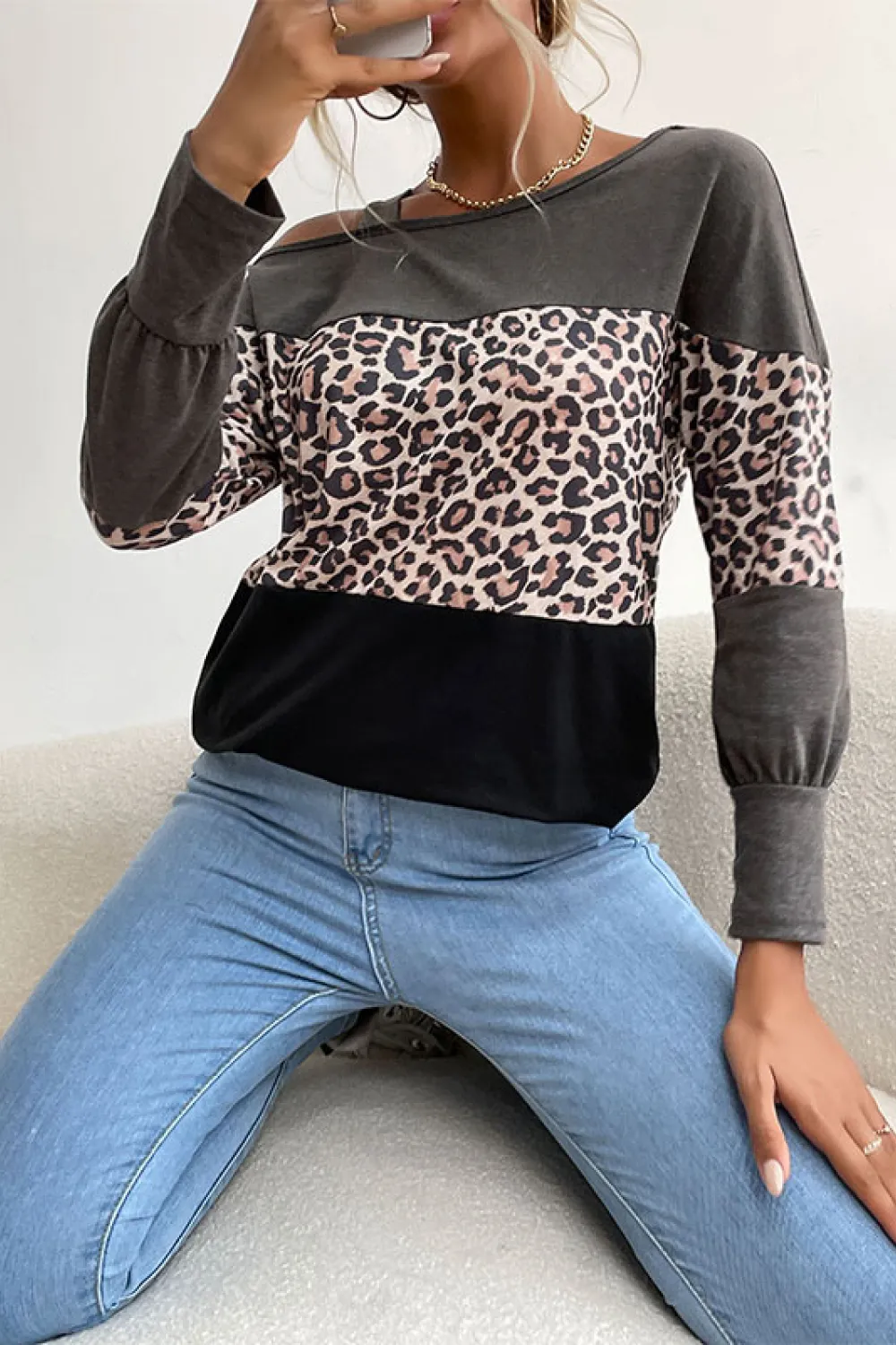 Leopard Print Color Block Cold Shoulder Top, image 3