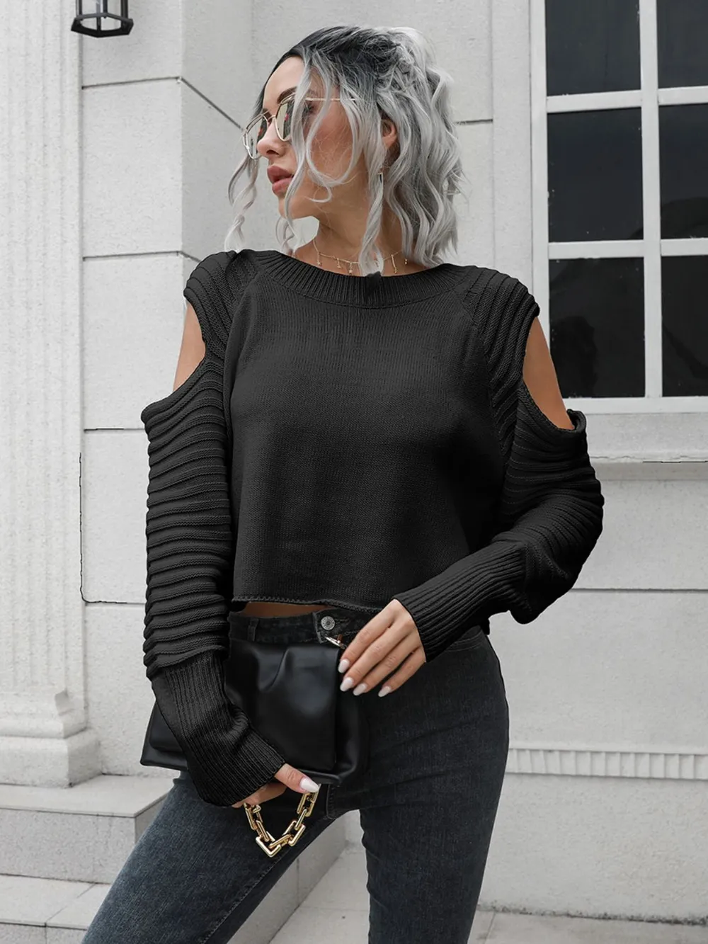 Cold-Shoulder Ribbed Trim Sweater, image 2