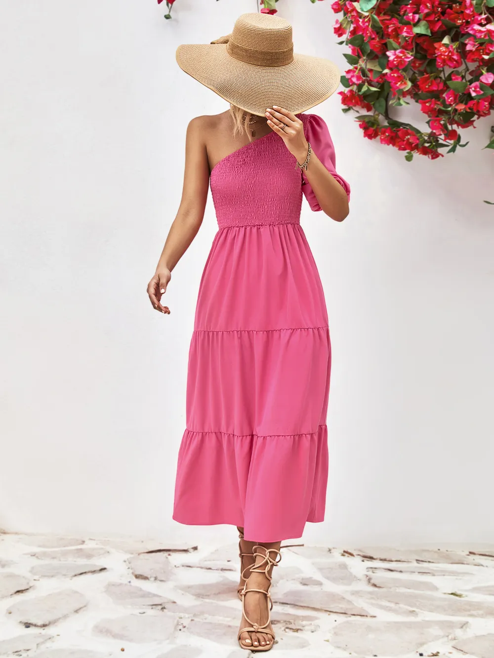 Smocked One-Shoulder Midi Dress, image 11