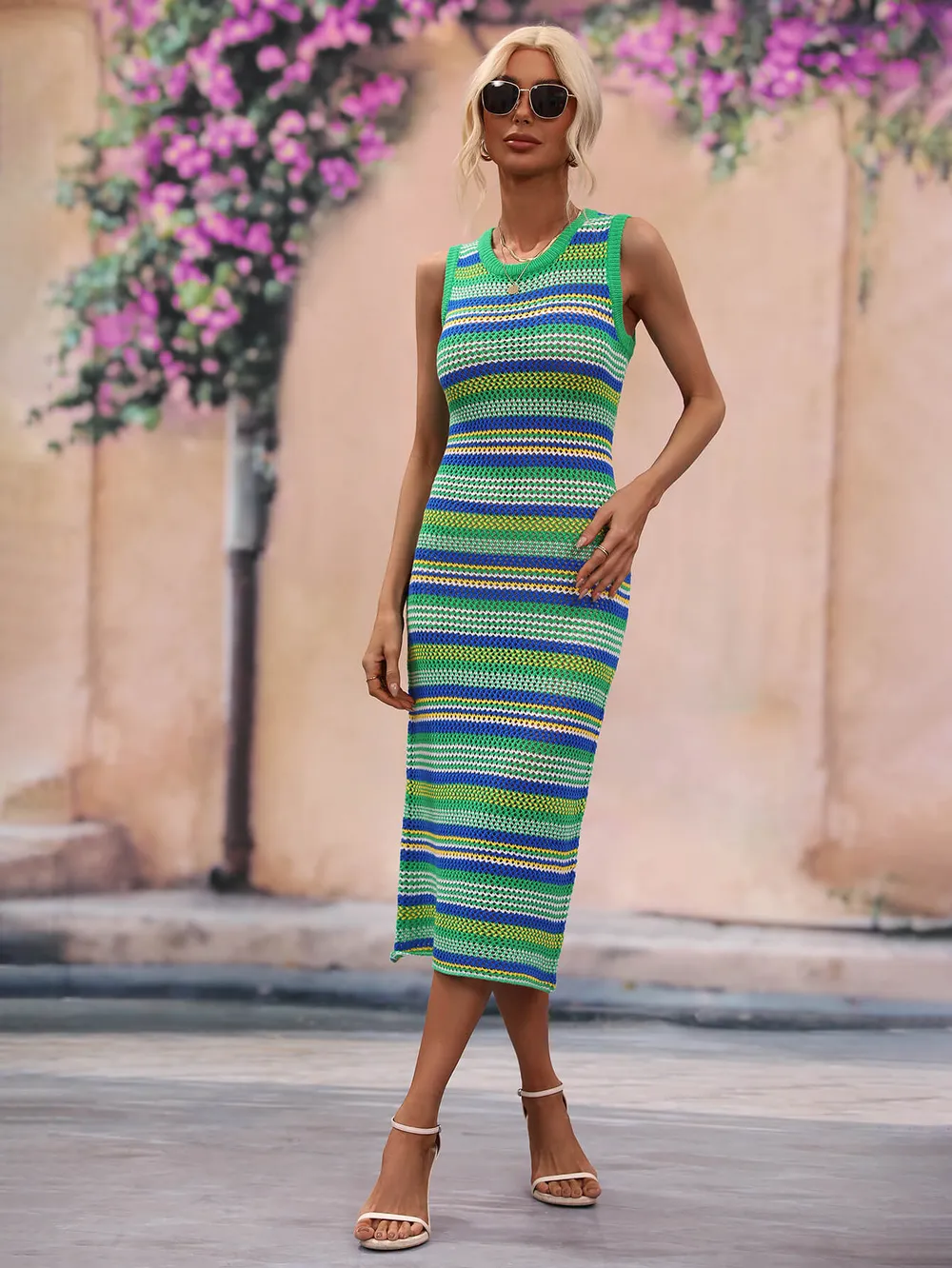 Striped Round Neck Sleeveless Midi Cover Up Dress, image 18