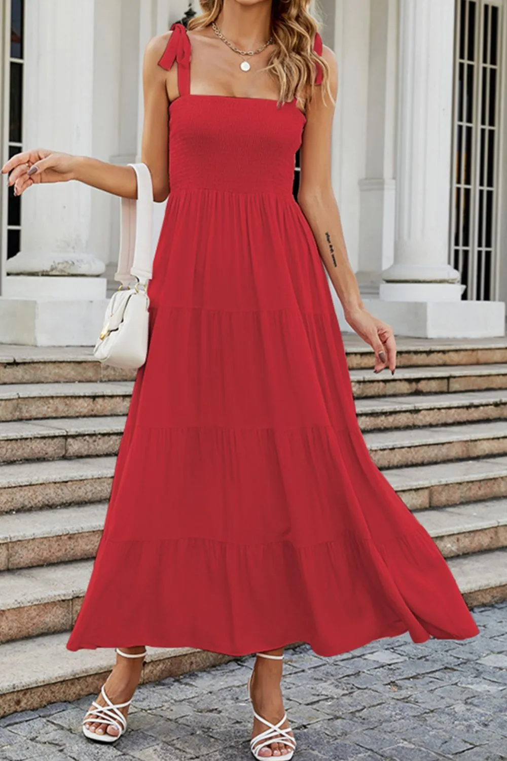Tie-Shoulder Smocked Tiered Dress, image 8
