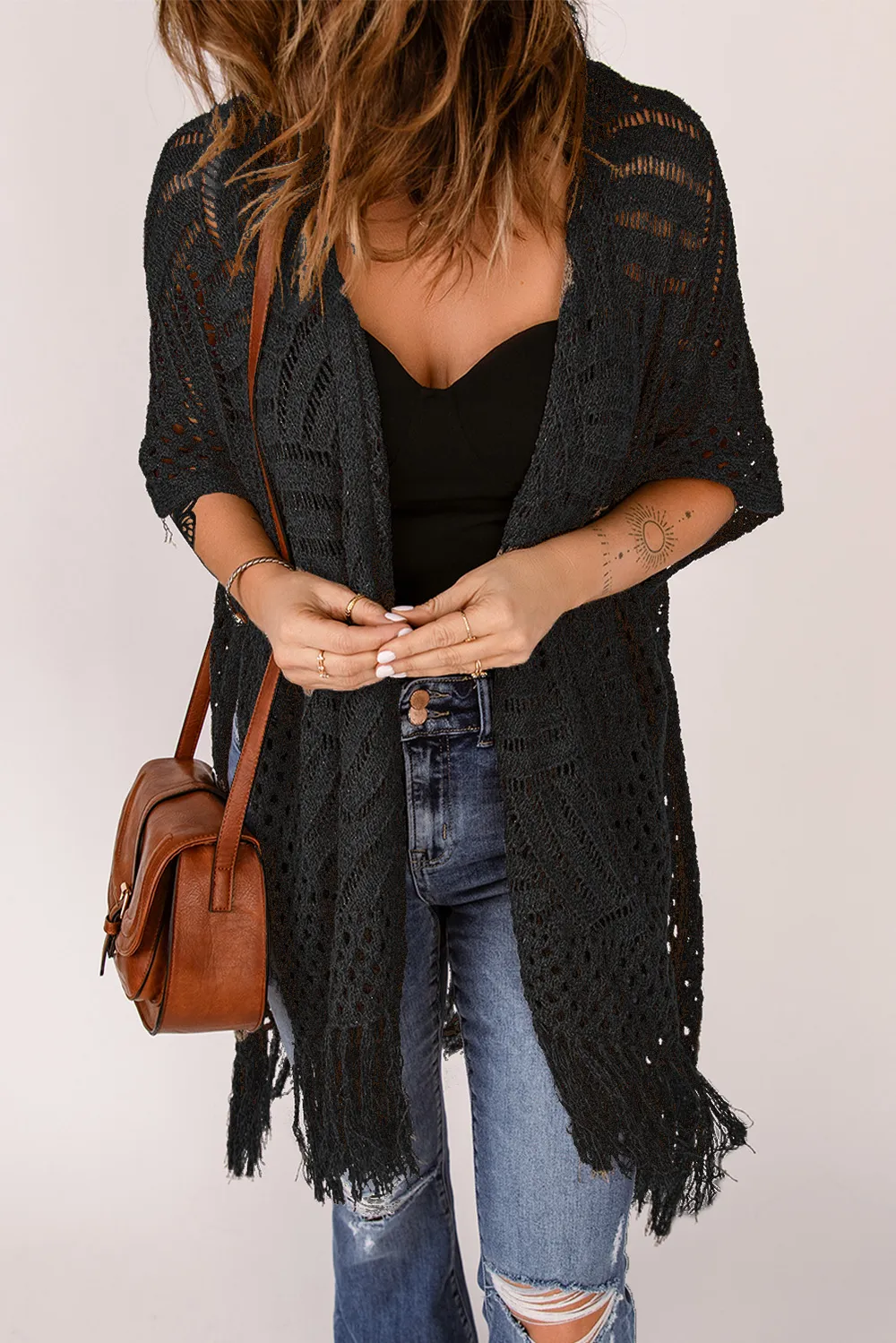 Fringe Hem Slit Open Front Cardigan, image 8